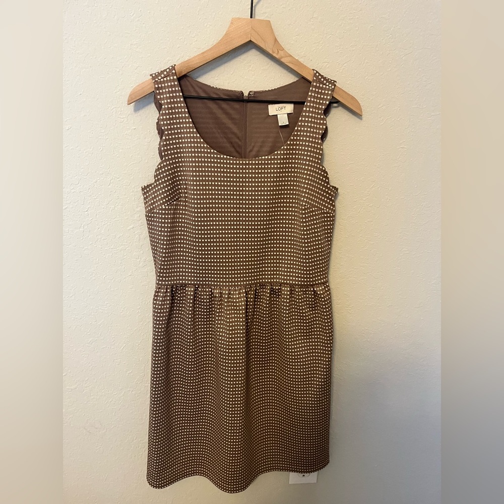 Loft gingham brown and white fit and flare knee length dress size 6